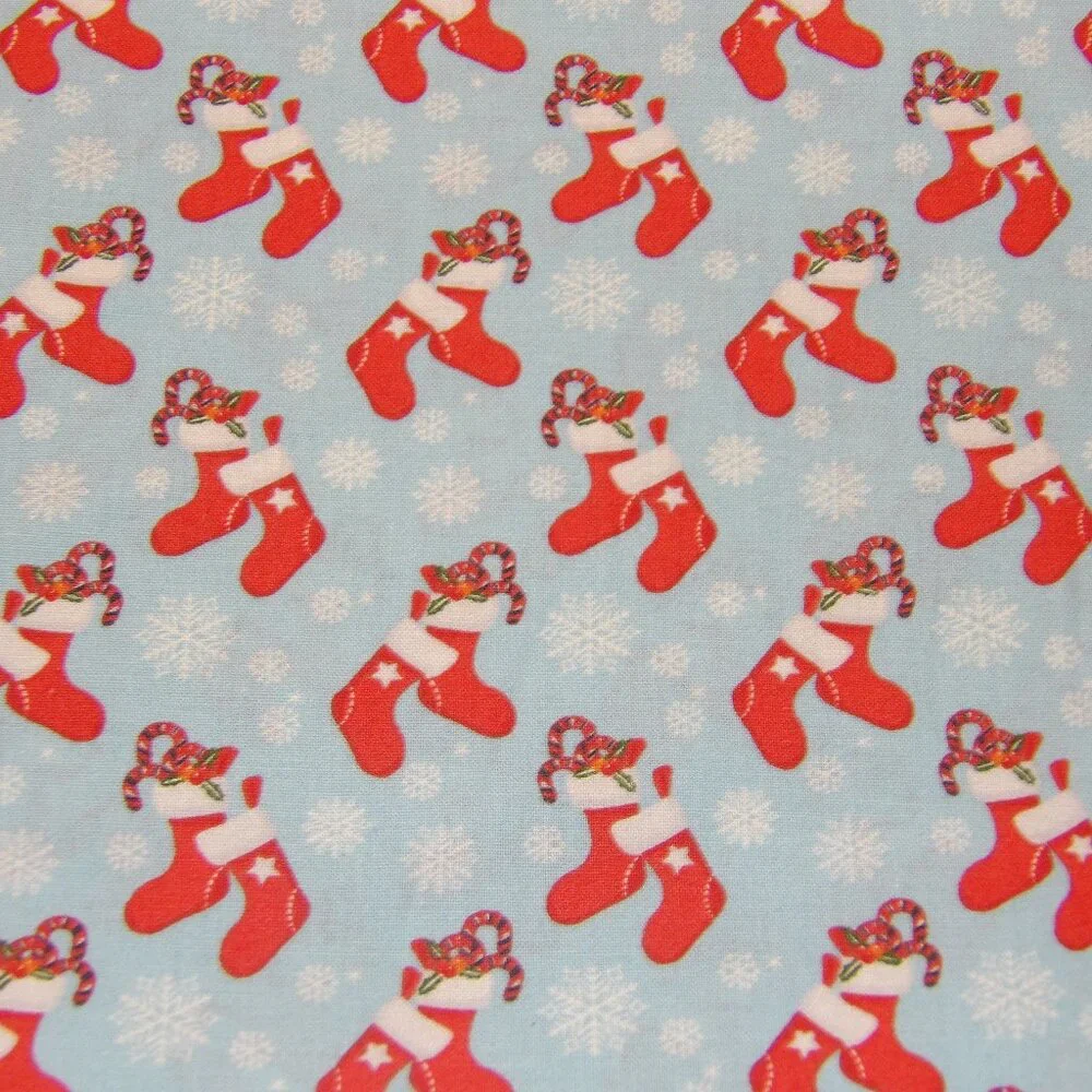Cotton Fabric Red Christmas Stockings on Blue One Yard